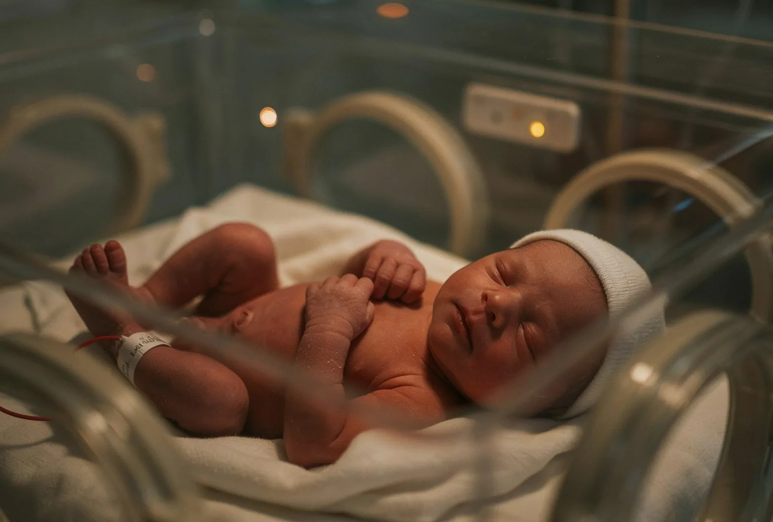 Newborn sleeping in a NICU incubator